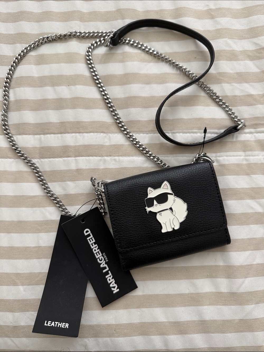 Karl Lagerfeld Black Leather Crossbody Wallet with Cat Charm